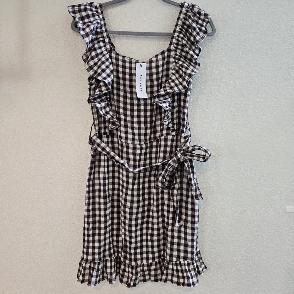 NWT Topshop Brown Gingham Ruffle Mini Dress